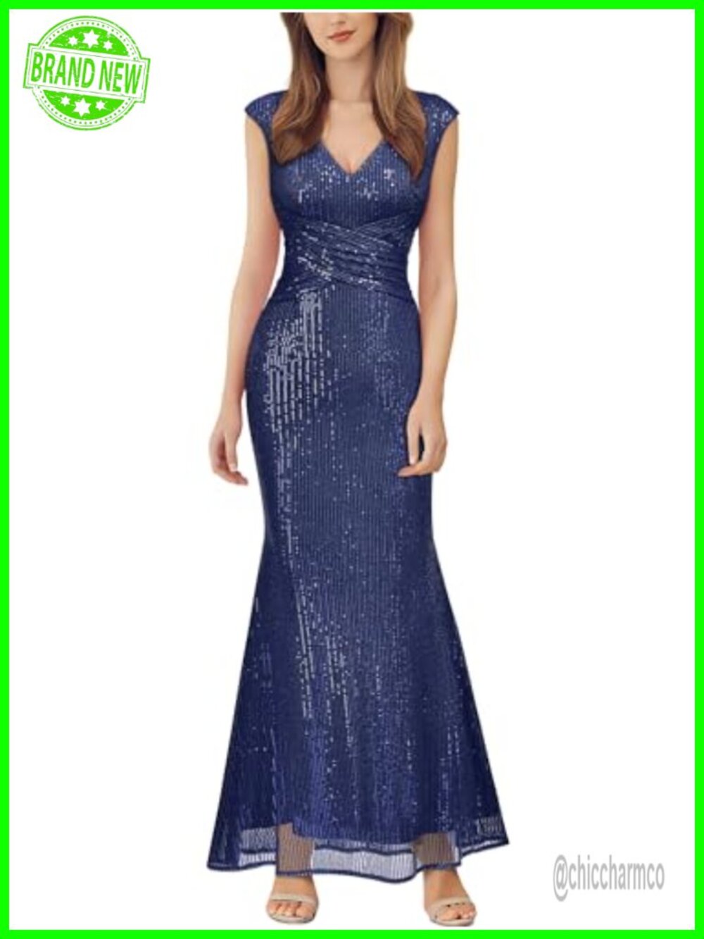 V Neck Sequin Ruched Long Cocktail Party Dress Cap Sleeve